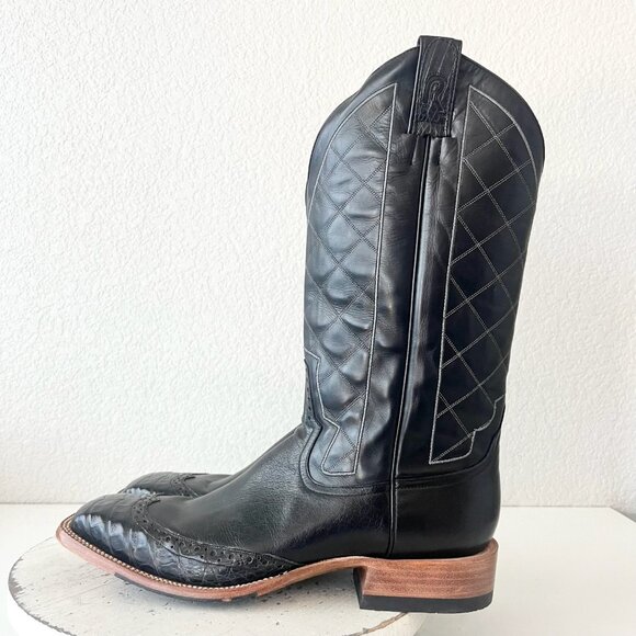 NEW Rod Patrick Mens Cowboy Boots 12.5A Black Caiman Western Square Toe Wing Tip - Picture 4 of 12